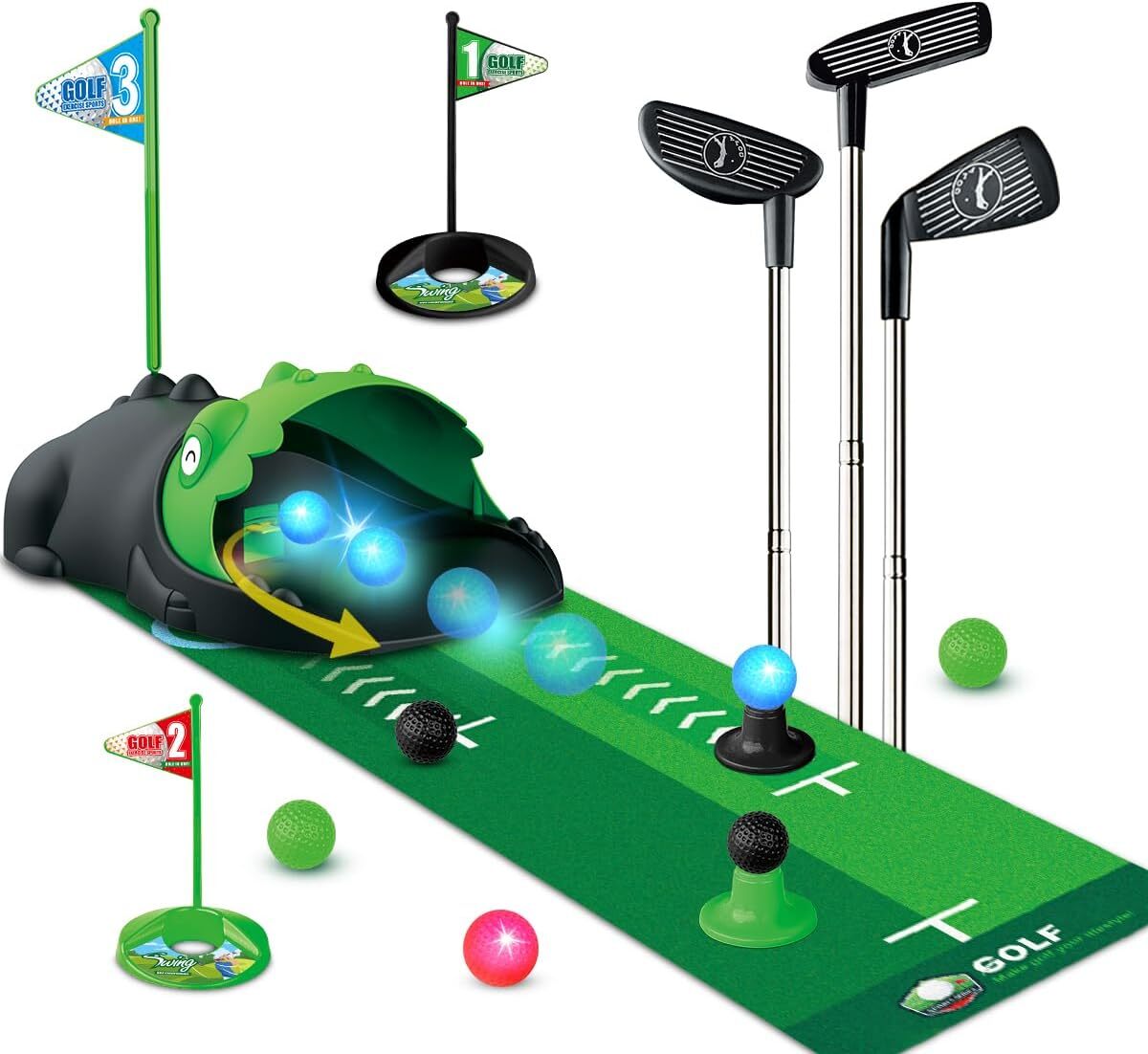 Kids Golf Set with Dinosaur Automatic Ball Return & LED Light