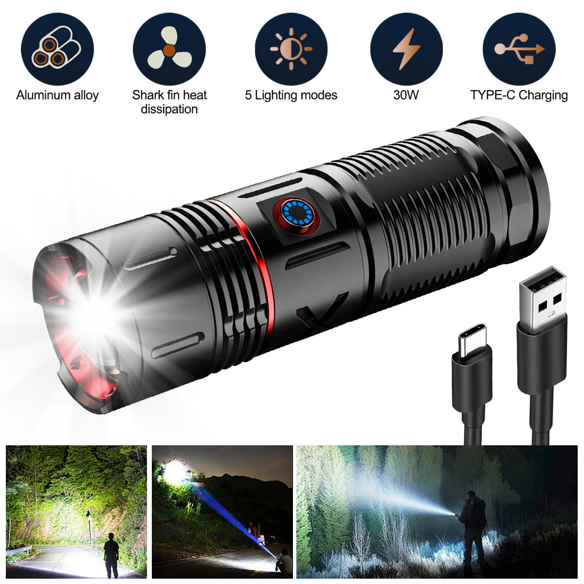Super Bright 1000LM LED Laser Flashlight with Type-C Charging Zoomable Torch