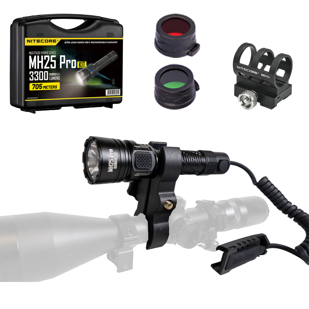 Long Throw Rechargeable Hunting Flashlight Kit 3300 Lumens with Accessories