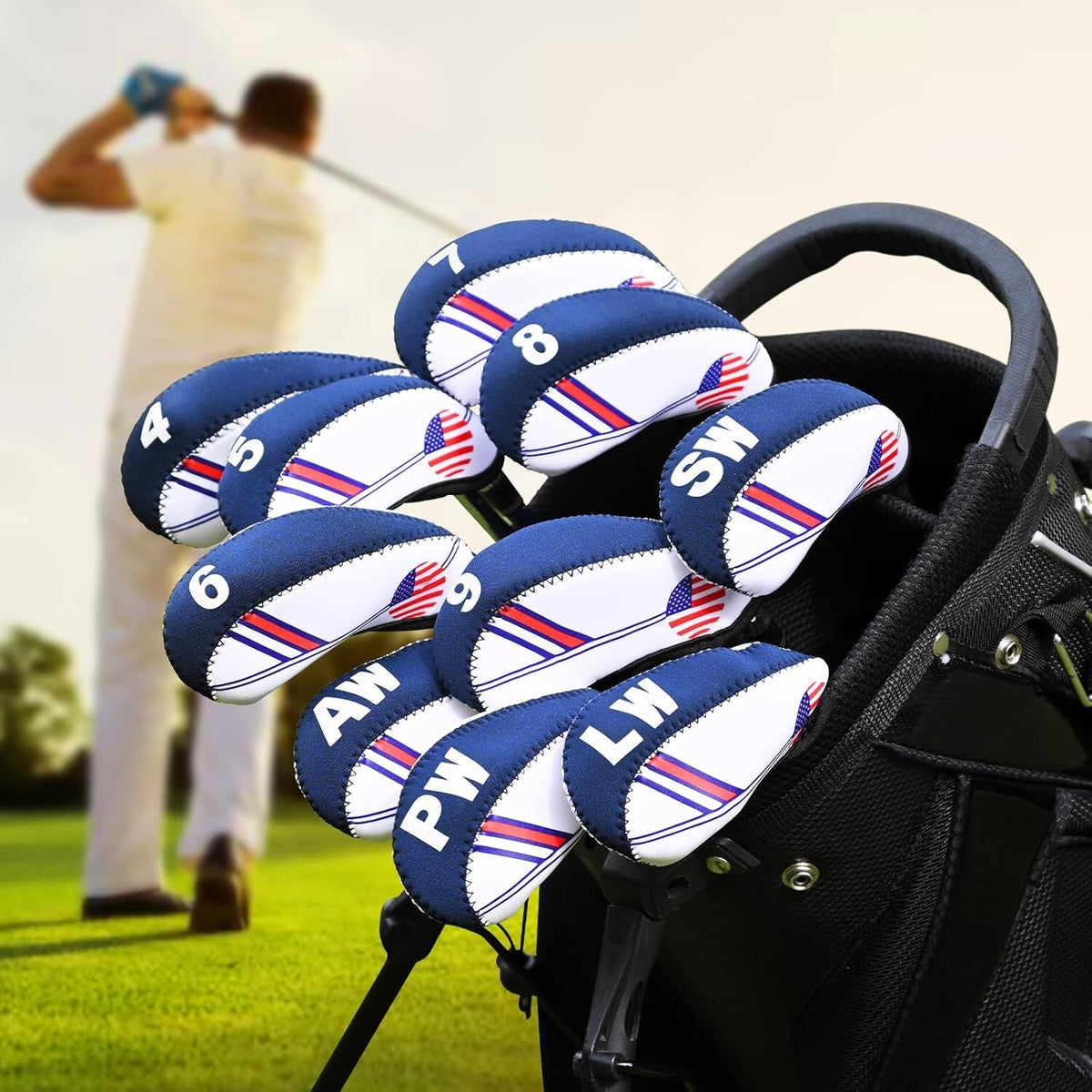 10 Pcs Golf Head Cover Set Club Iron Protectors Neoprene US Flag Styles