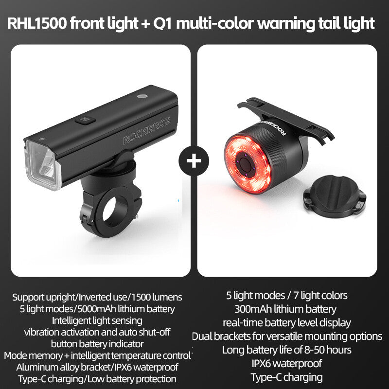High Brightness Bike Front & Rear Light Set USB-C LED Headlight 1500LM