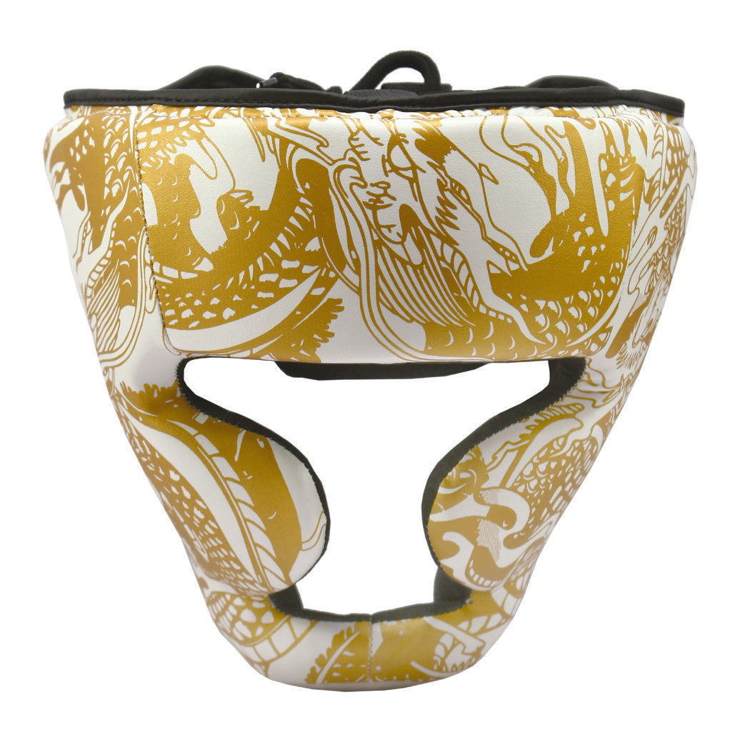 Heavy Duty Boxing Headgear with Cheek Protection - White & Gold 3D Design