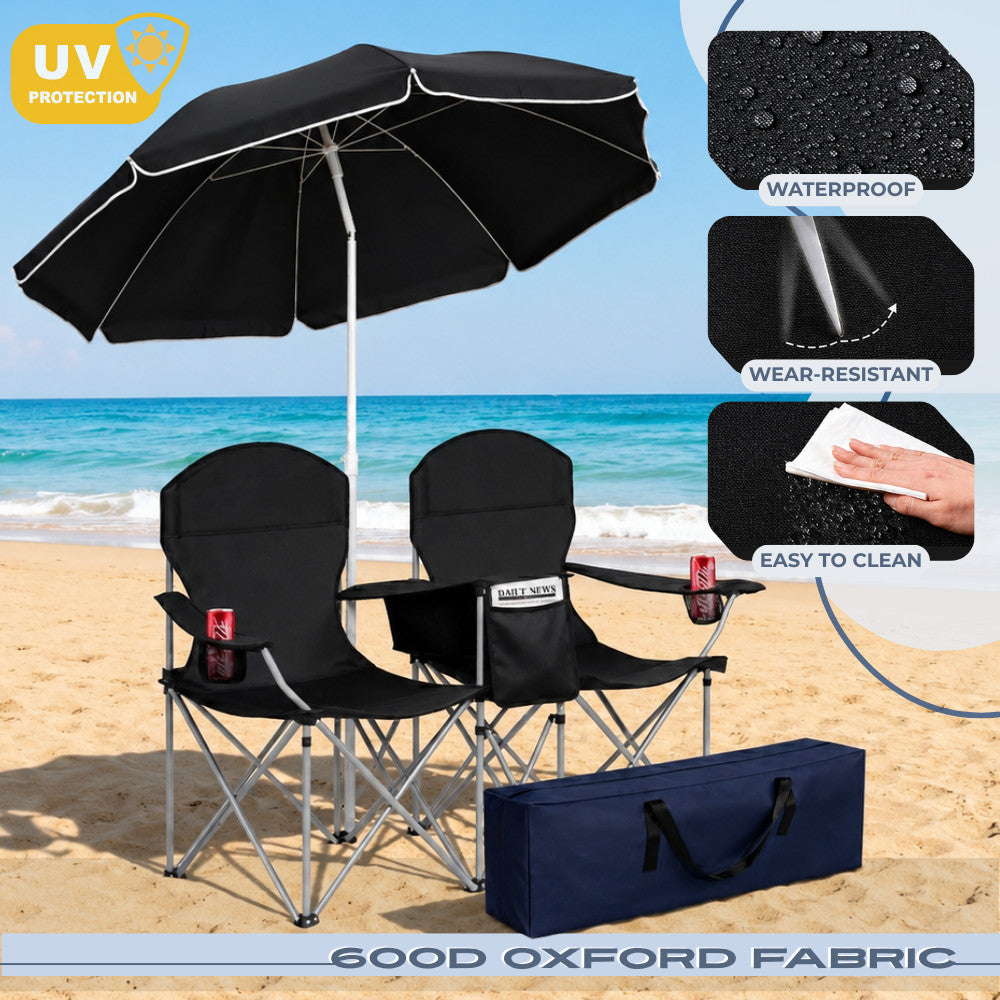 Portable 2-Person Folding Picnic Chair with Umbrella Cooler and Cup Holders