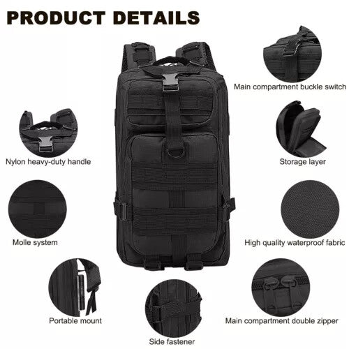 30L Outdoor Tactical Military Backpack for Hiking Camping Travel Black
