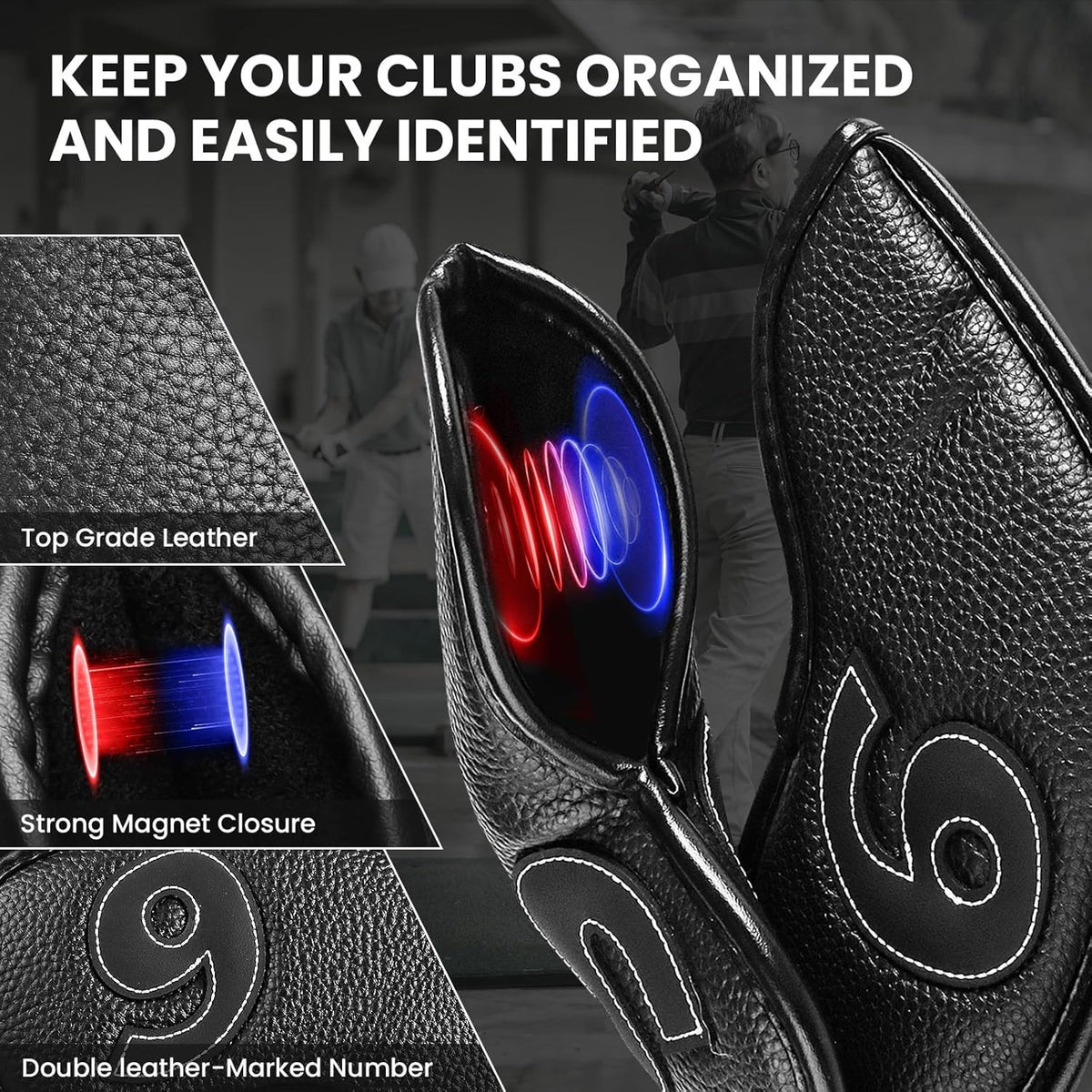 Magnetic Leather Golf Iron Head Covers Set - Durable Club Protection
