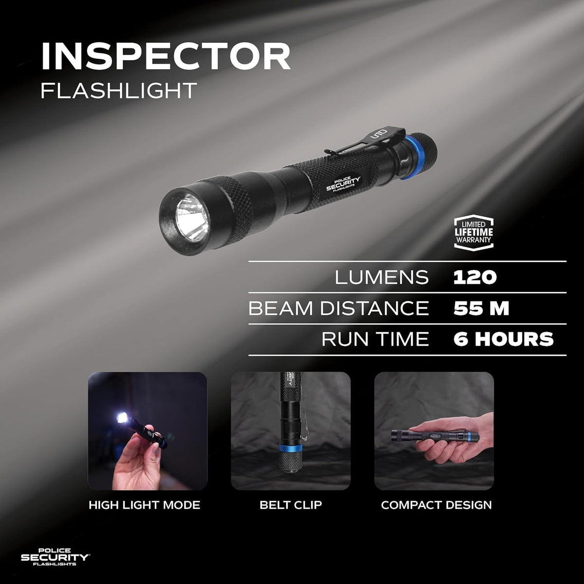 Police Security Bright Compact LED Pen Light - 120 Lumens, Water Resistant, Black