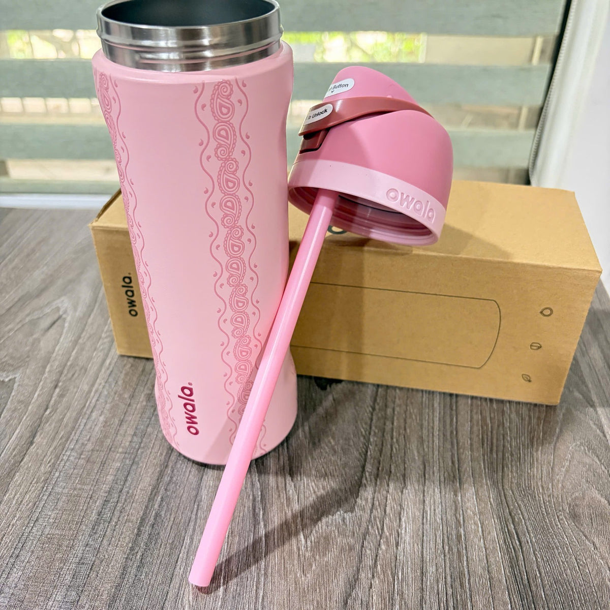 24oz Water Bottle with Built-In Straw and Paisley Design - Pink