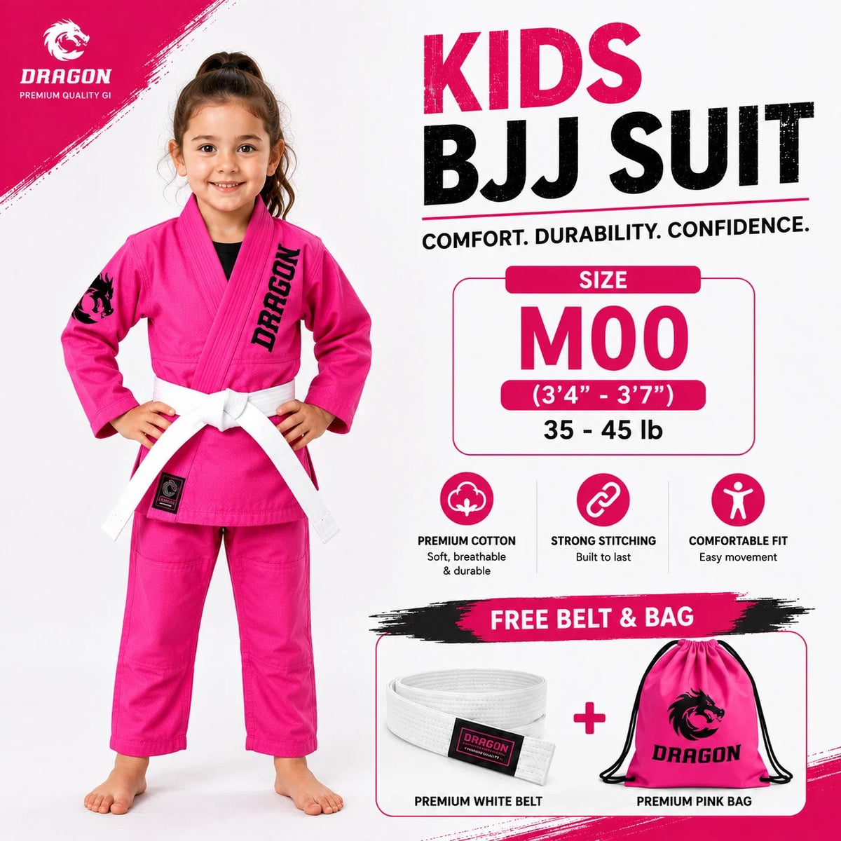 Kids Girls Pink BJJ Gi Suit with White Belt & Bag - Martial Arts Uniform