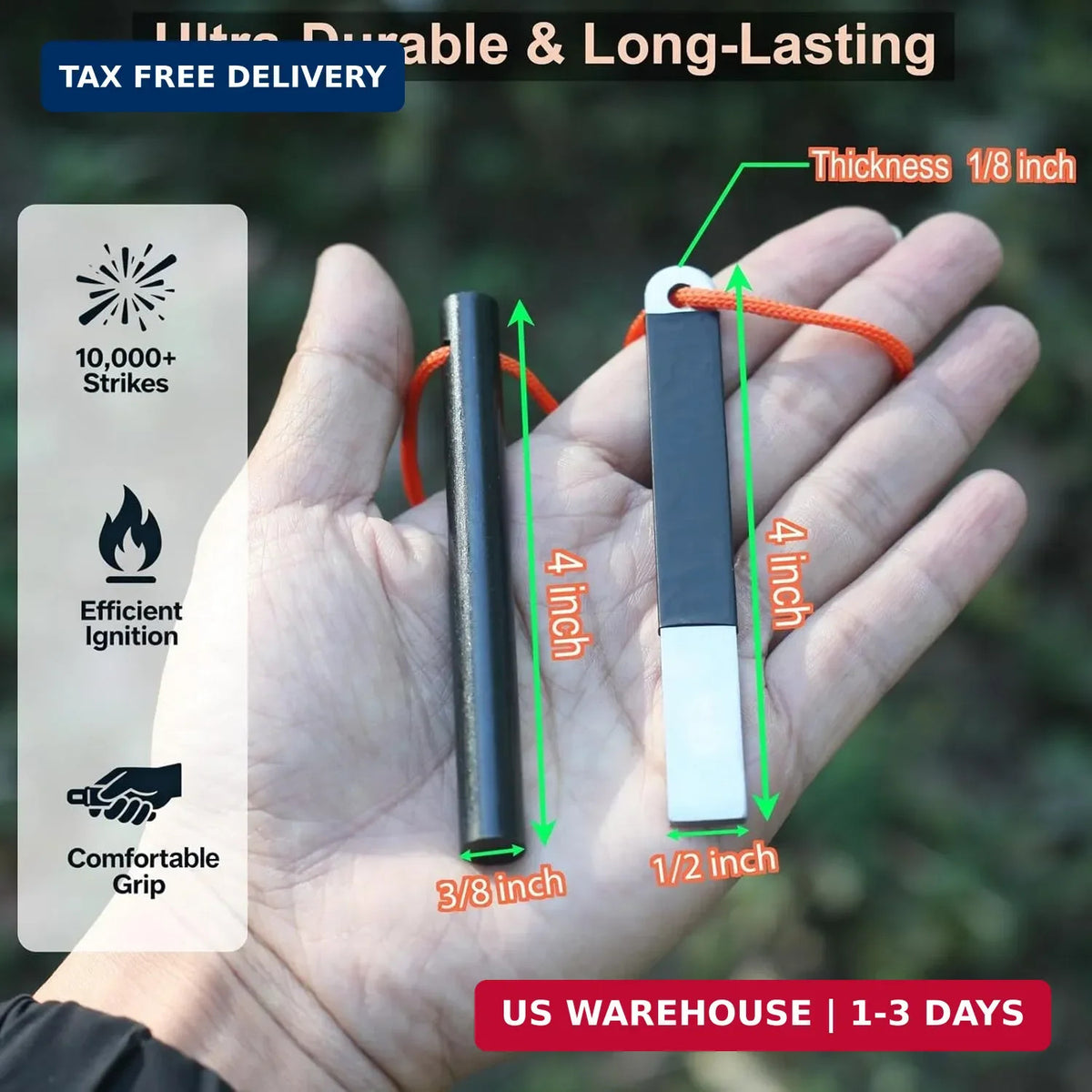 4-Inch Waterproof Ferro Rod Fire Starter Kit with Striker for Camping
