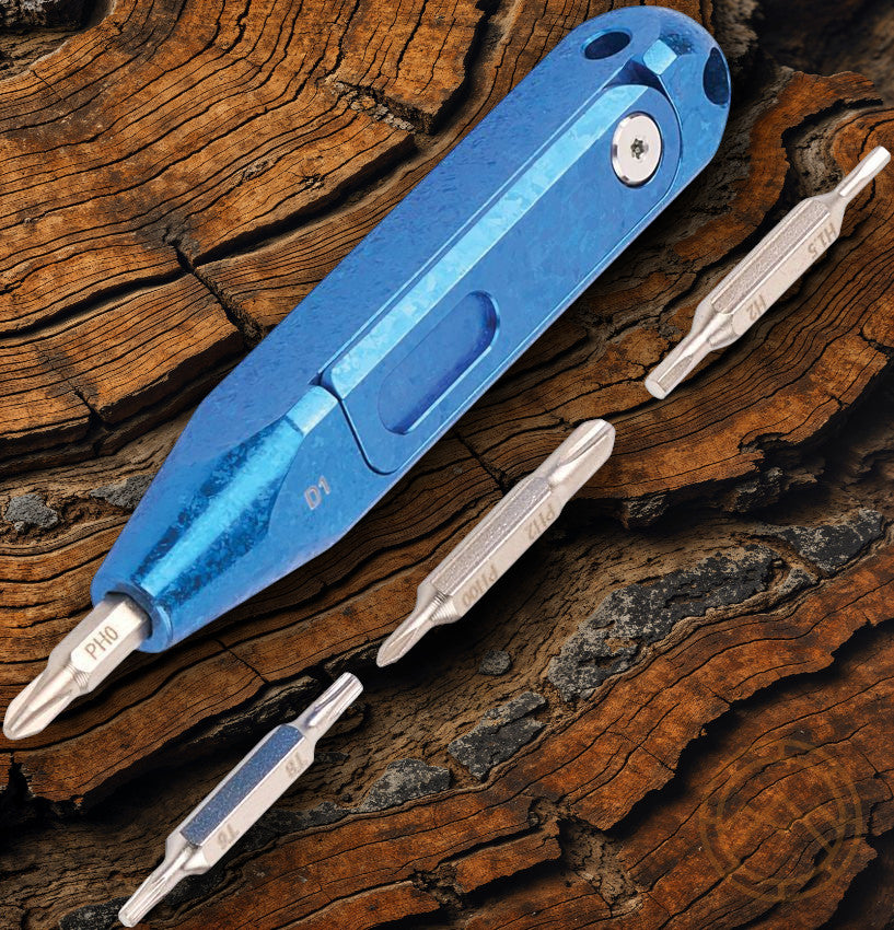 Titanium Snowflake Blue Handle Knife with Hidden Bit Storage