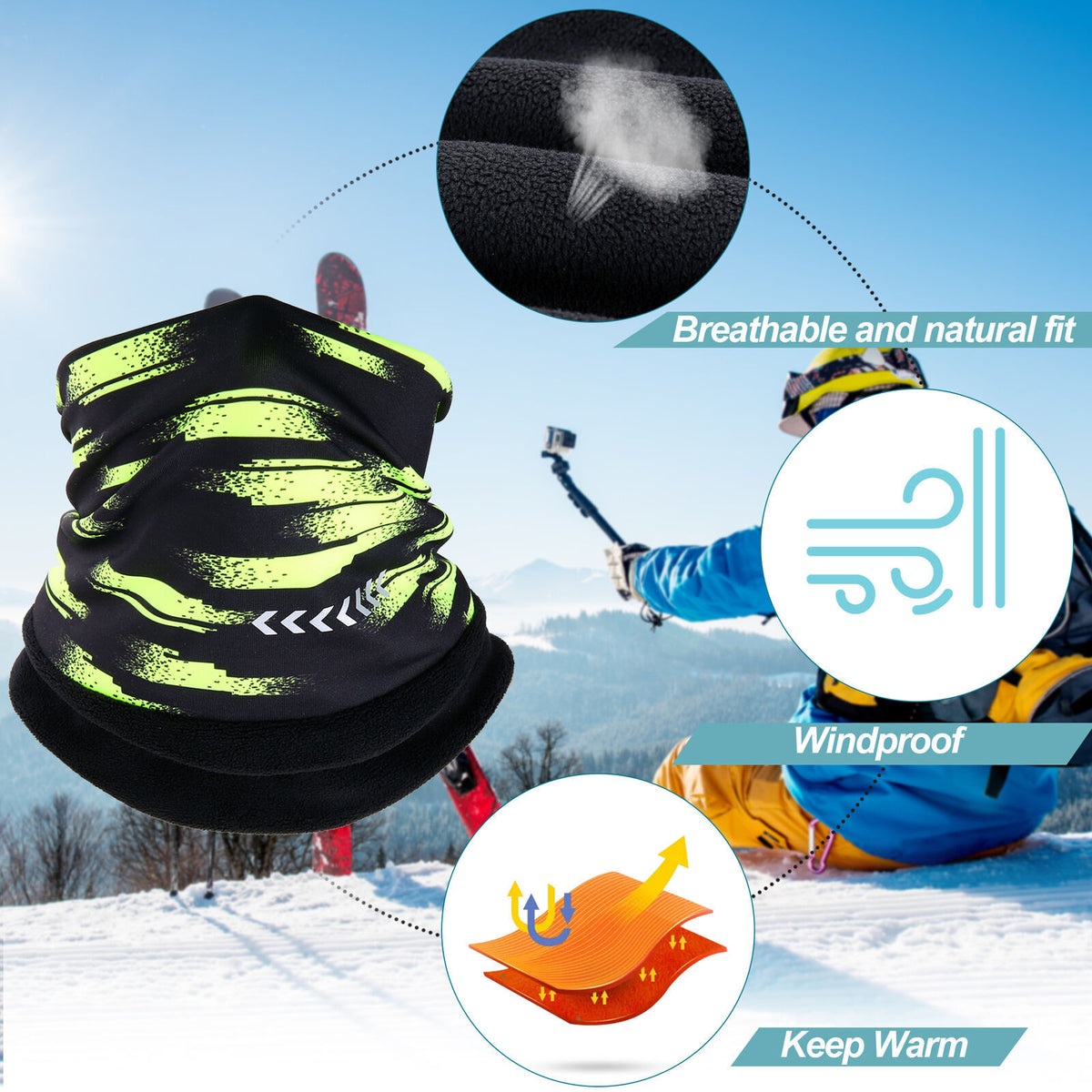 Winter Fleece Neck Gaiter - Reflective Ski Face Mask for Cold Weather