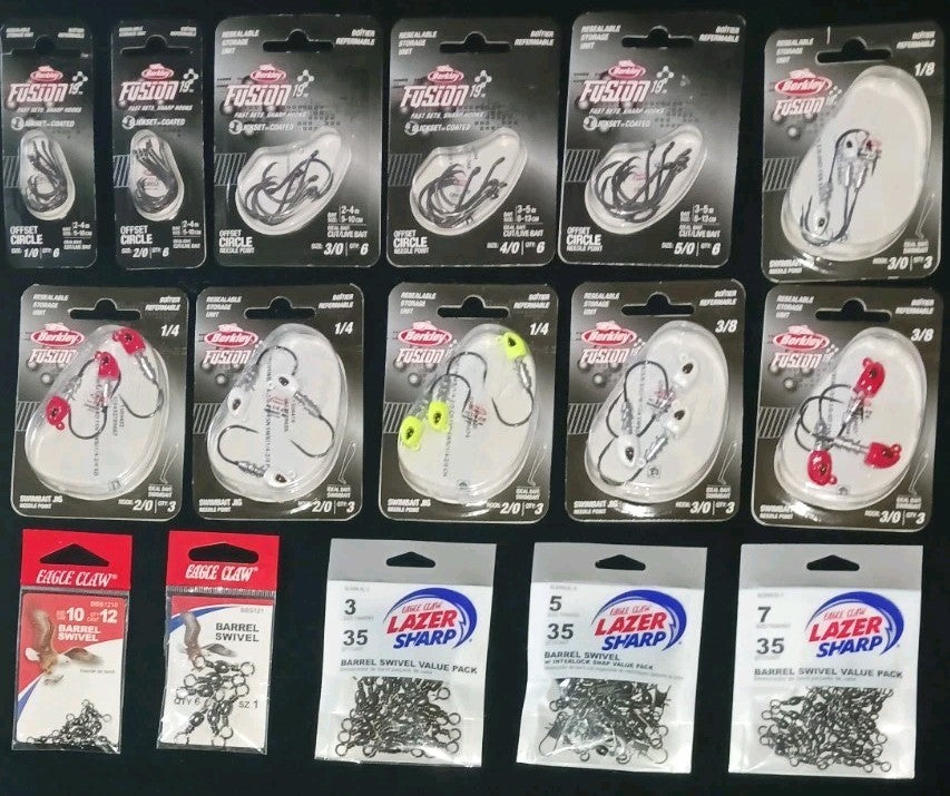 Lot of 169 Fishing Hooks and Swivels Set - Berkley & Eagle Claw Tackle Assortment