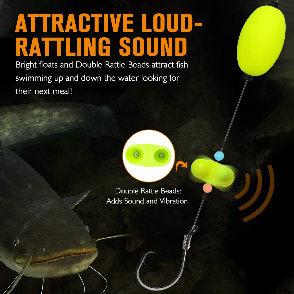 Catfish Rig with Oval Float & 8/0 Circle Hooks - Double Rattle Beads, Ready Tied Fishing Tackle