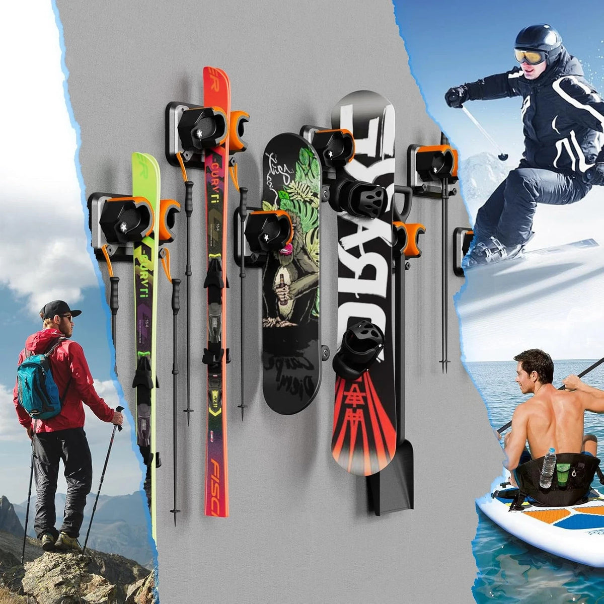 Multi-Purpose Wall Mount Rack for Snowboards Ski Skates and More