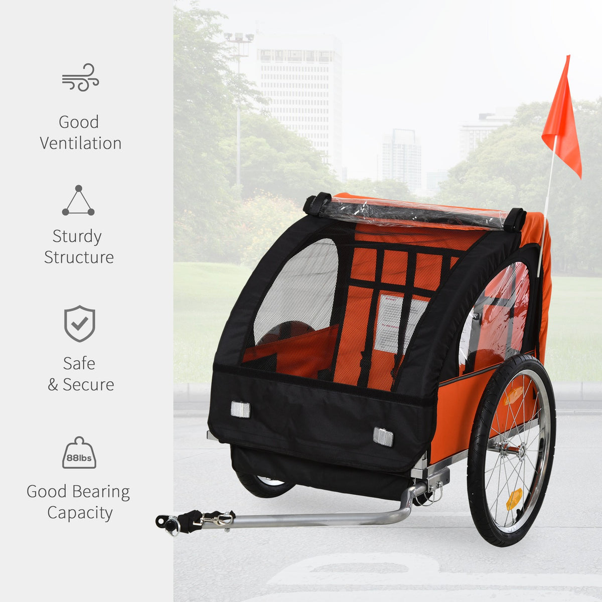 2-Seat Kids Bicycle Trailer - Orange, Steel Frame & Easy Entry
