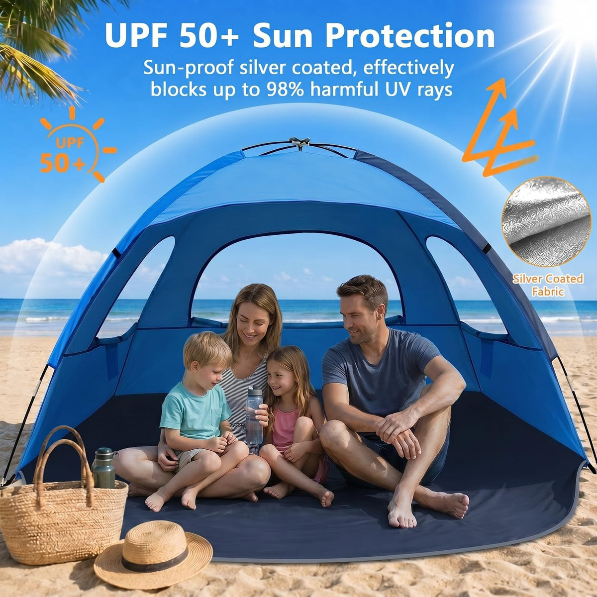 Beach Tent Sun Shade Shelter for 4 People Sky Blue UPF 50+ UV Protection