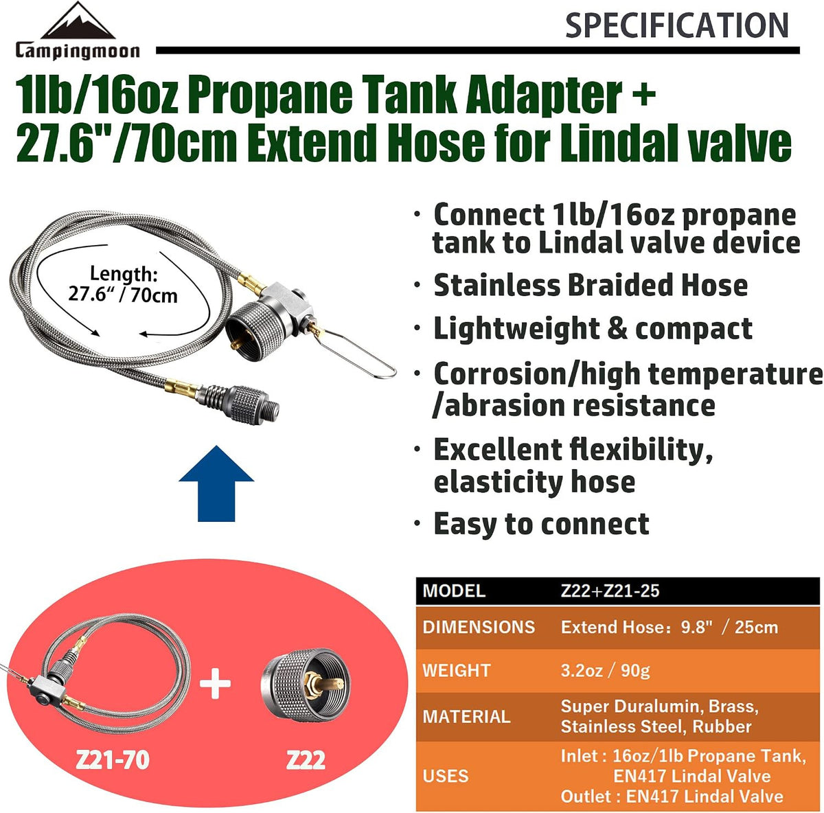 Propane to Butane Camping Stove Adapter with Hose Valve for 16oz Tanks