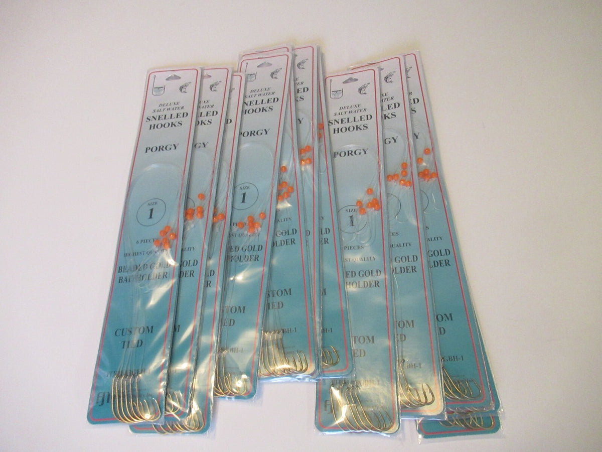 Beaded Gold Fish Hooks for Porgy Sea Bass - Snelled Bait Holder Rig 12" Mono