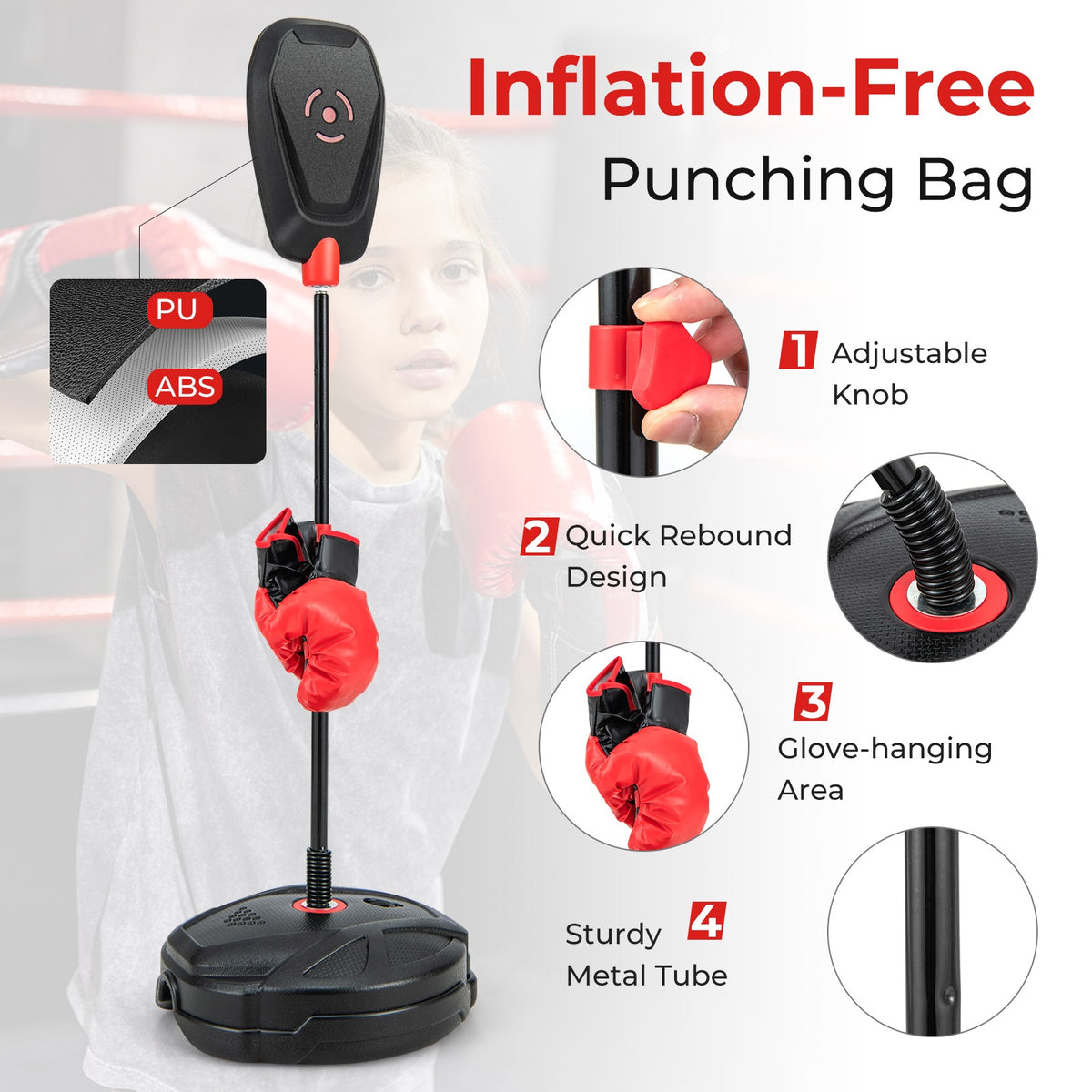 Kids Punching Bag Set with Adjustable Height & Anti-Tip Base