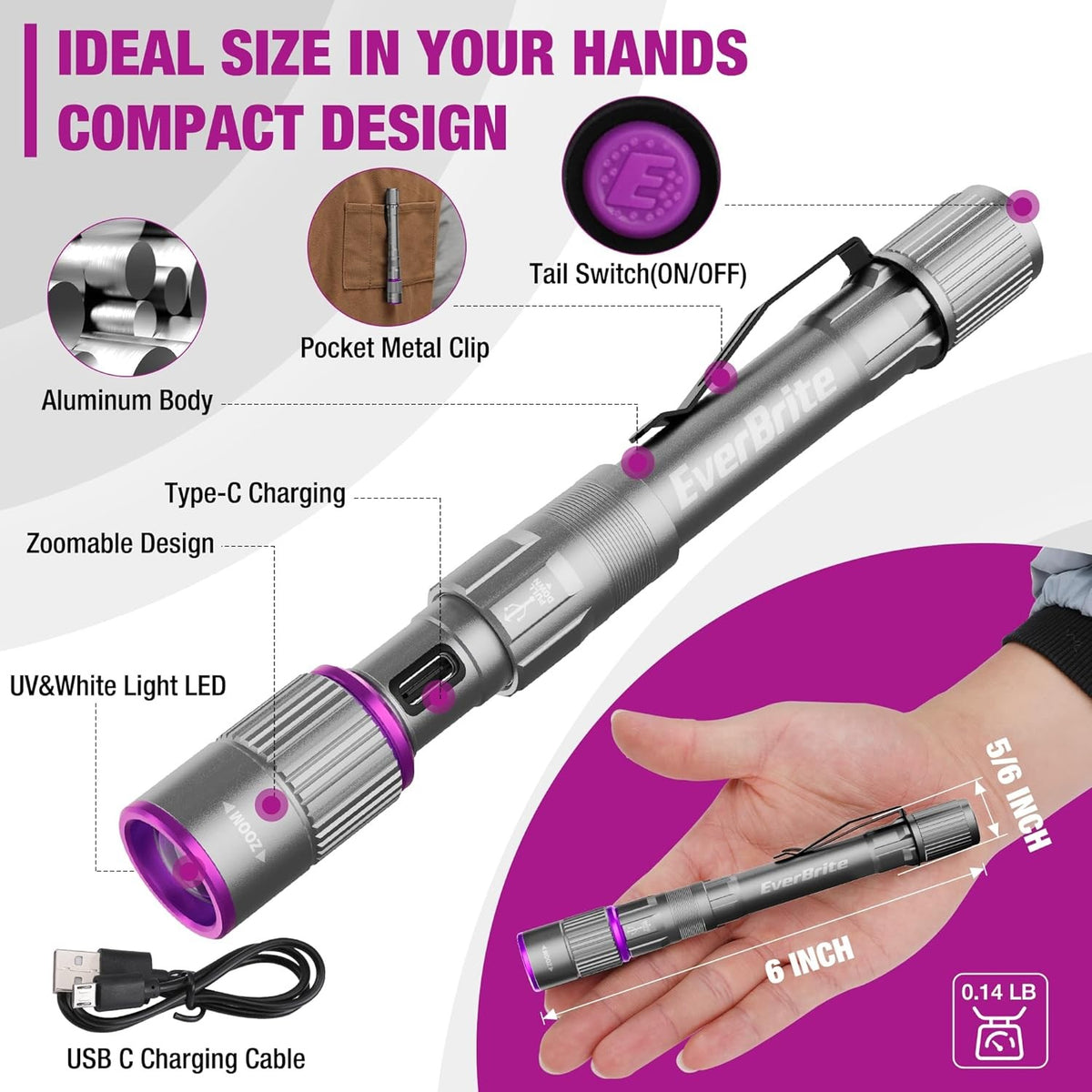 Rechargeable LED Pen Flashlight with UV Black Light 395nm Compact Portable