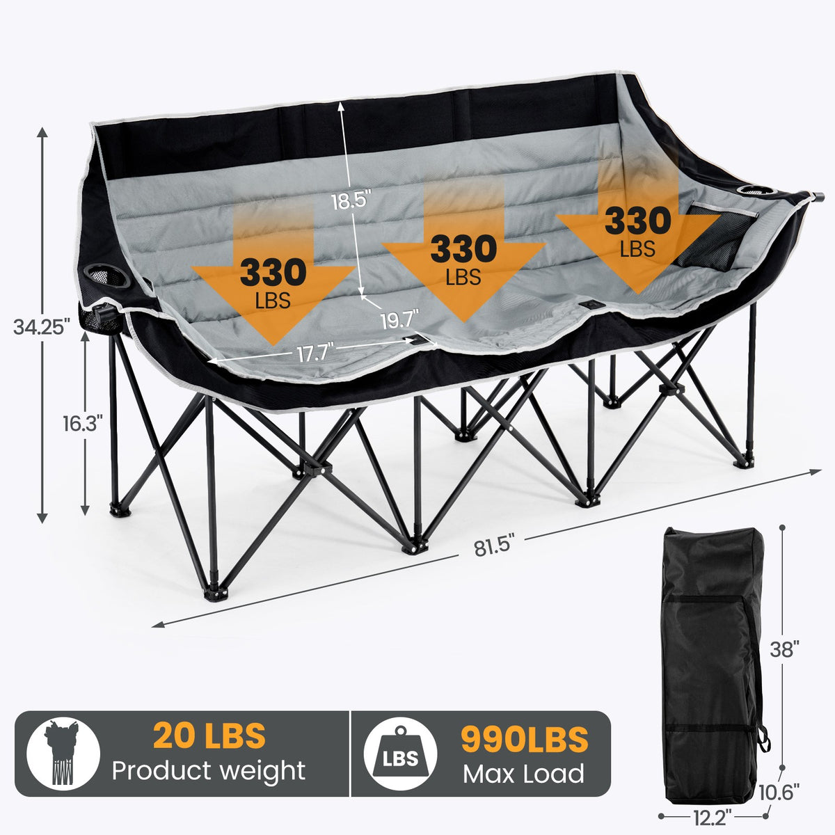 Oversized 3-Person Camping Chair with Cup Holders and Side Pockets