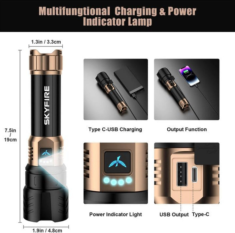 High-Lumen Rechargeable LED Flashlight with Fire Starting Lens Waterproof
