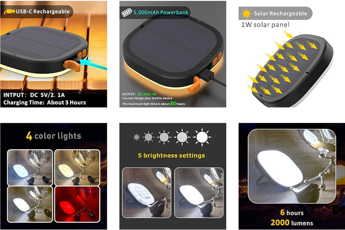 Rechargeable Solar Camping Lantern with 2000 Lumens, Waterproof, 5 Light Modes