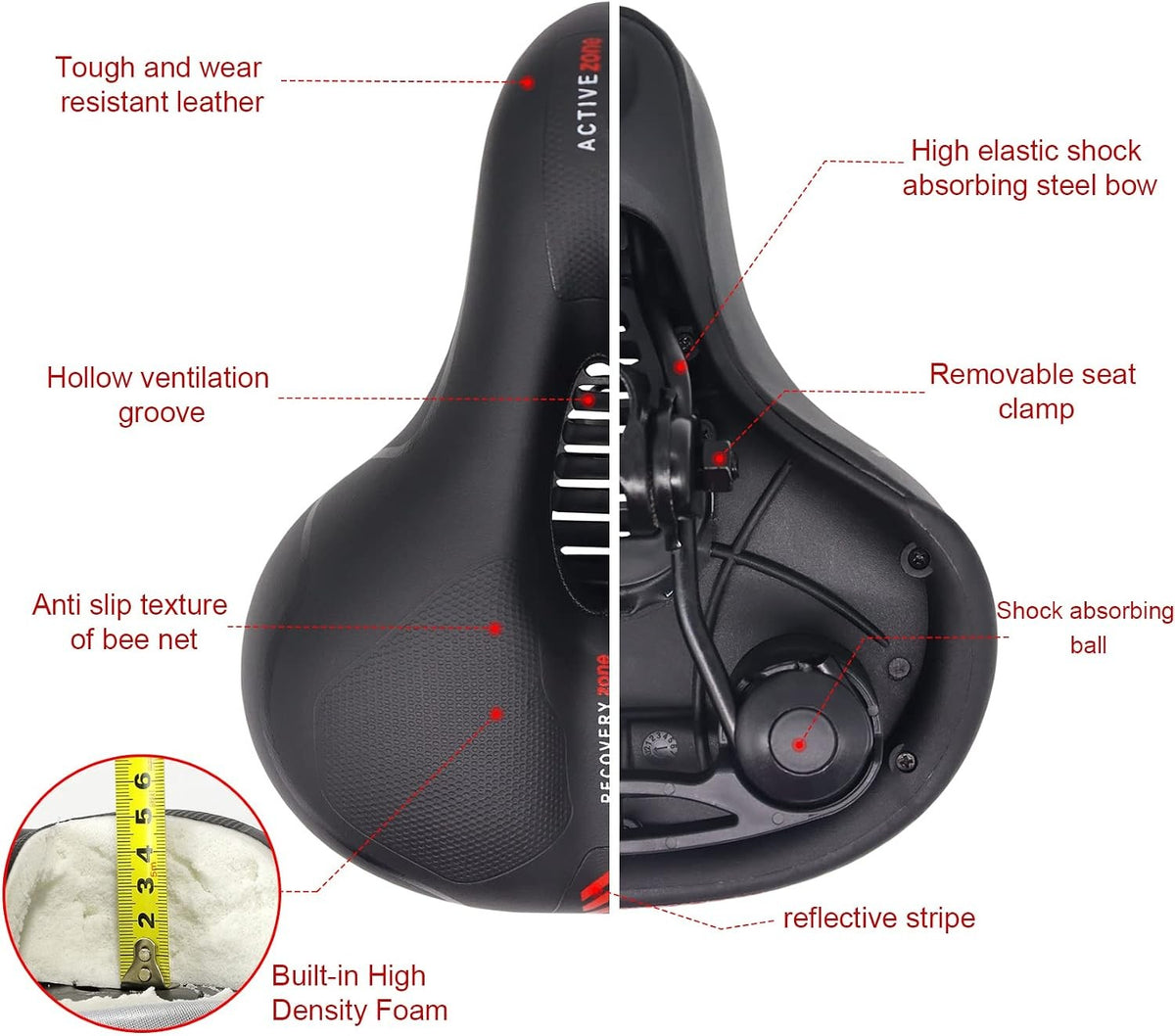 Comfort Bicycle Saddle Wide Memory Foam Seat with Shock Absorption & LED Tail Light