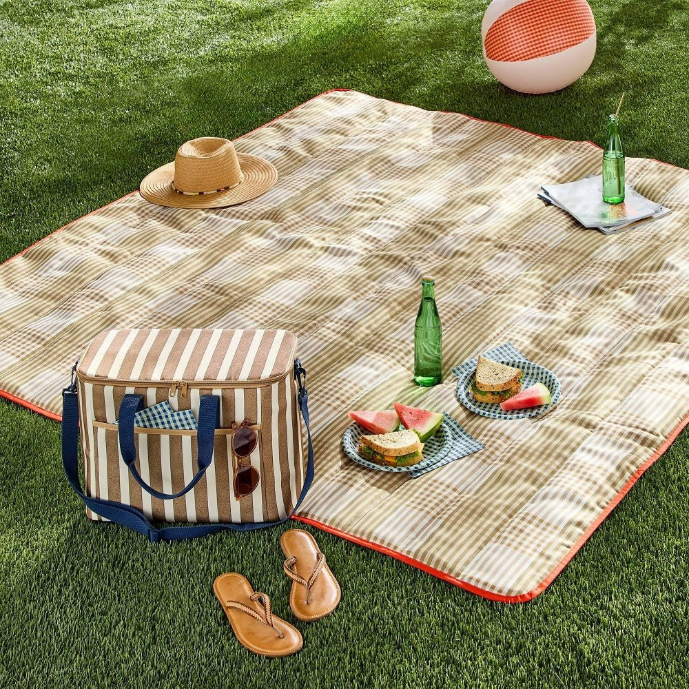 Oversized Picnic Blanket Tan Gingham - Recycled Polyester, Outdoor & Beach Use