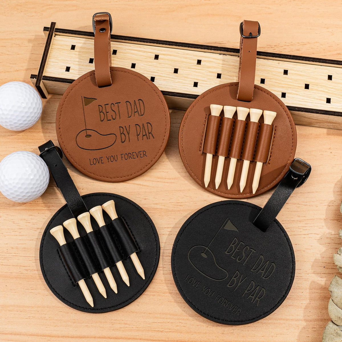 Golf Accessory Set for Fathers Day - Leather Tee Holder & Tees, Gift for Dad