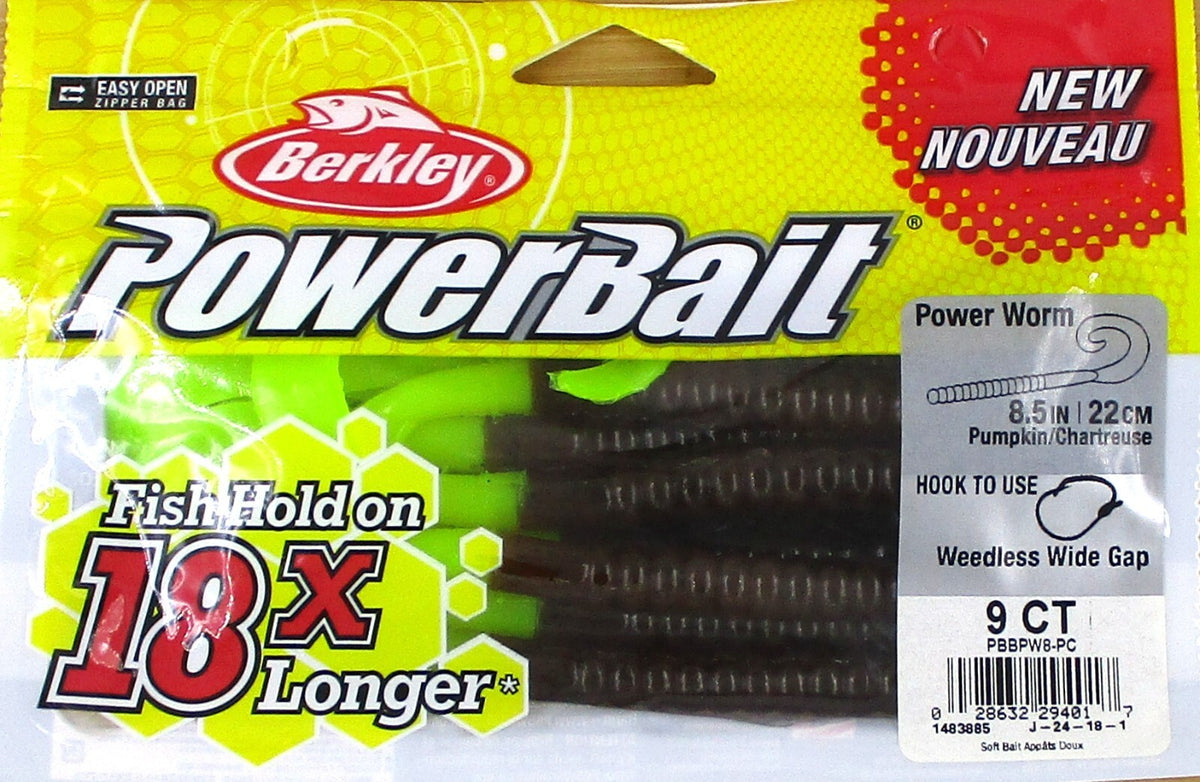 Powerbait 8.5-Inch Pumpkin Chartreuse Soft Fishing Worms – 6 Unopened Bags