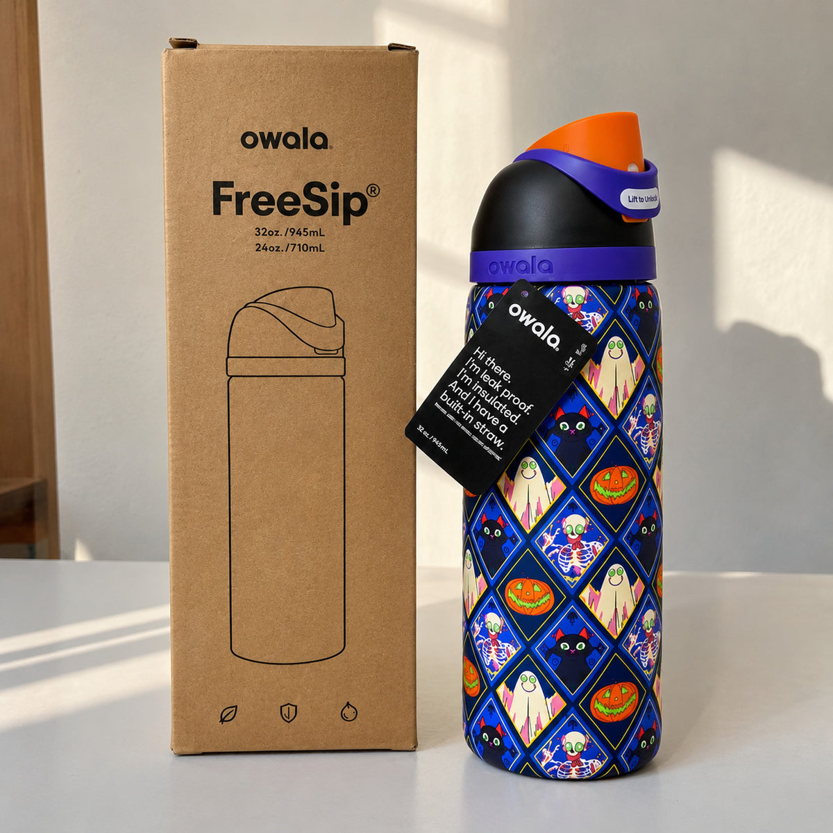 Halloween Themed 32oz Insulated Water Bottle with Built-In Straw - Spooky Ghost Design