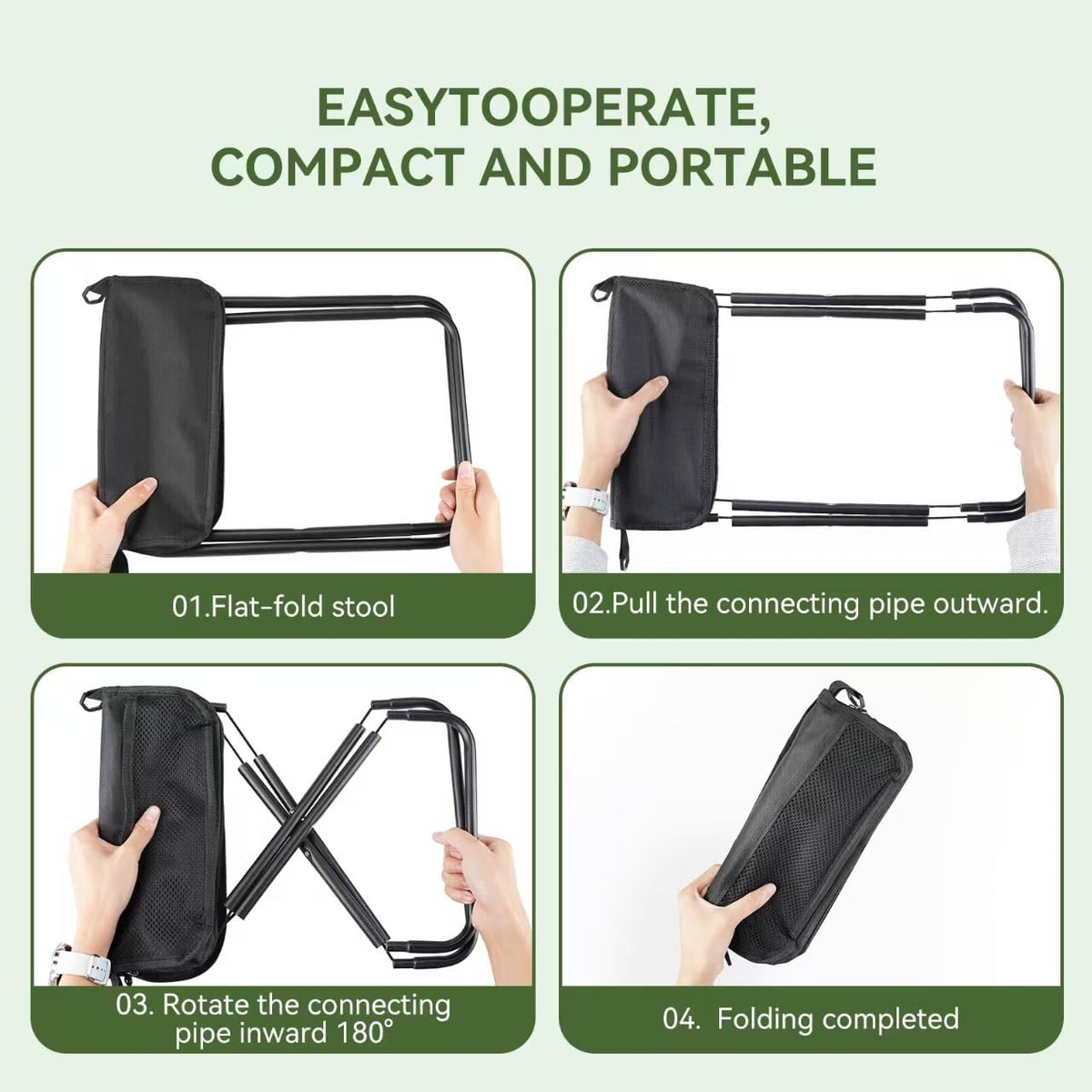 Portable Folding Stool with Dual Storage Pockets Compact Travel Seat