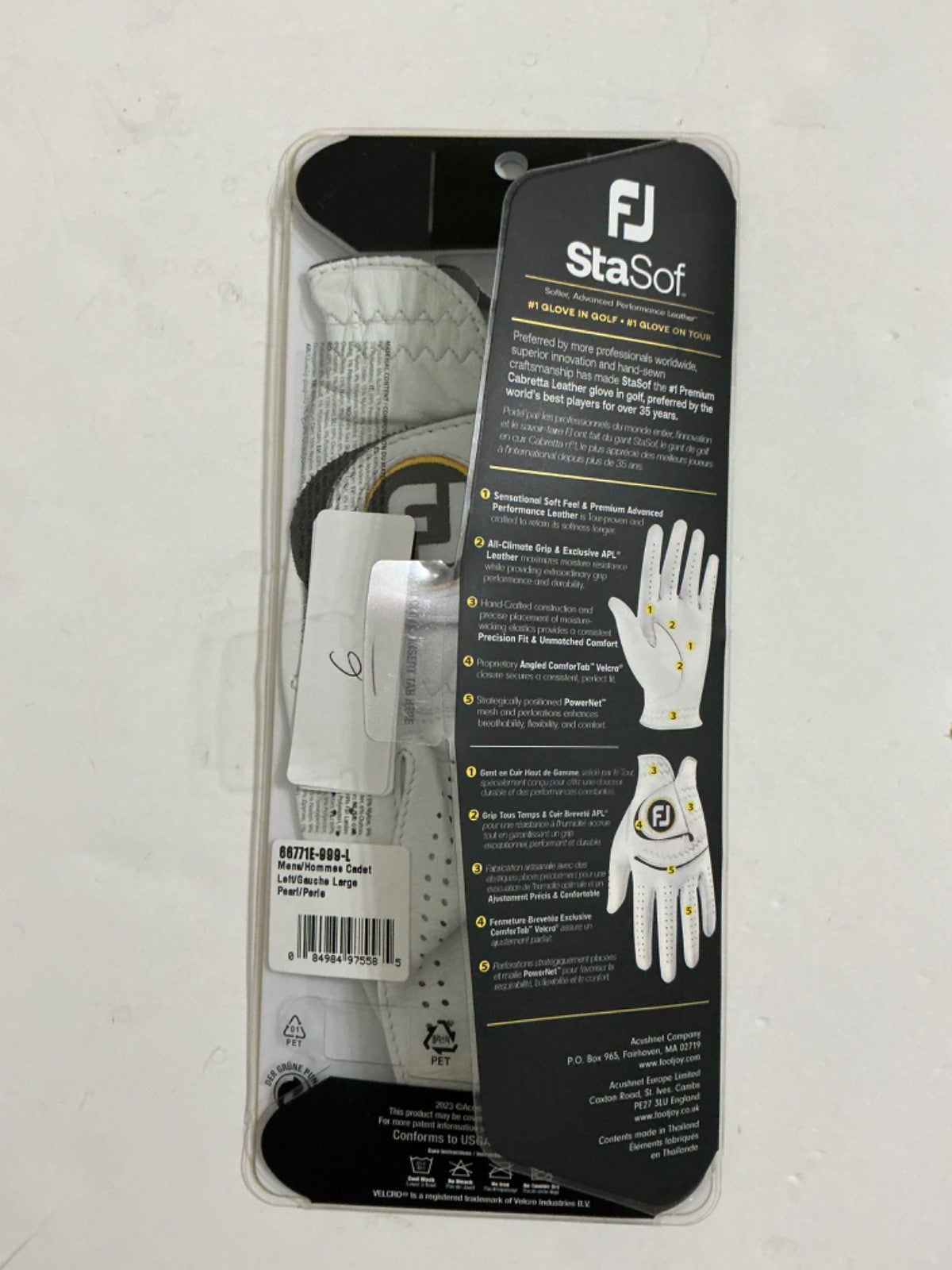 Golf Glove Men Left Hand Pearl White Cabretta Leather Performance Fit