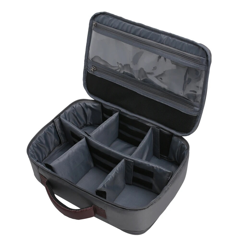 Fishing Reel Storage Case with Adjustable Compartments and Mesh Pockets