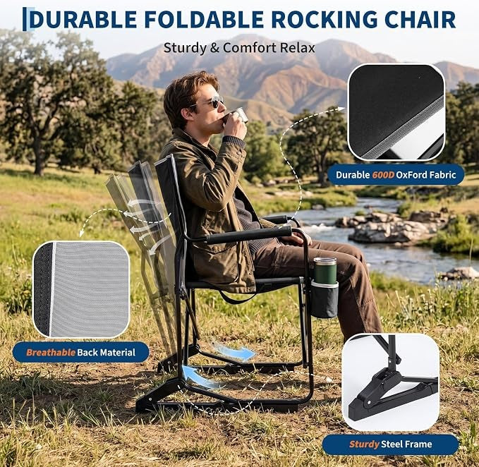 Portable Folding Rocking Camping Chair with Built-in Cup Holder
