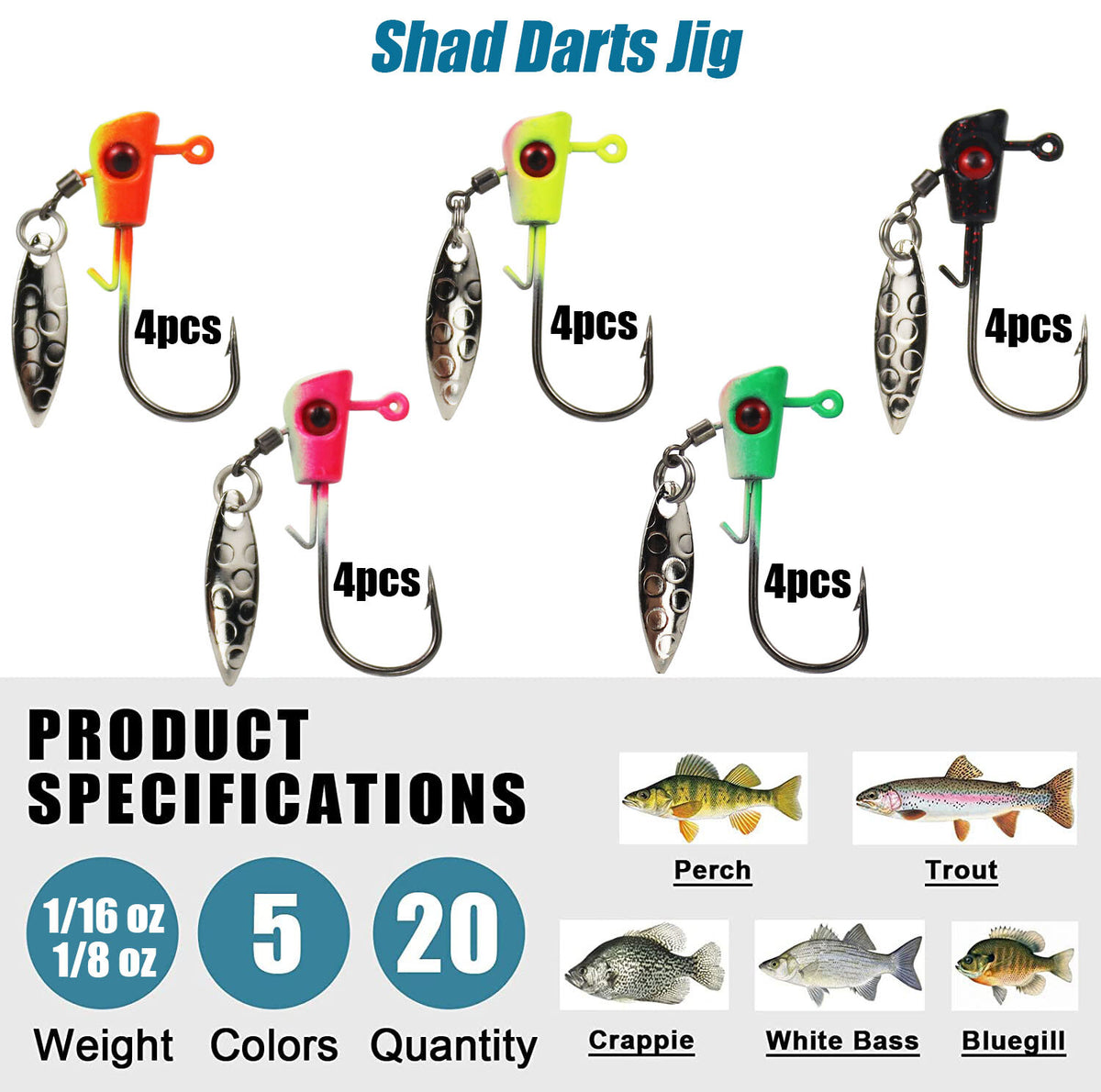 20Pcs Underspin Shad Jig Heads for Freshwater & Saltwater Fishing