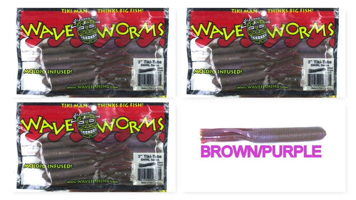 Wave 3-Inch Tiki Tube Swirl Plastic Baits - Brown and Purple, 30 Pack
