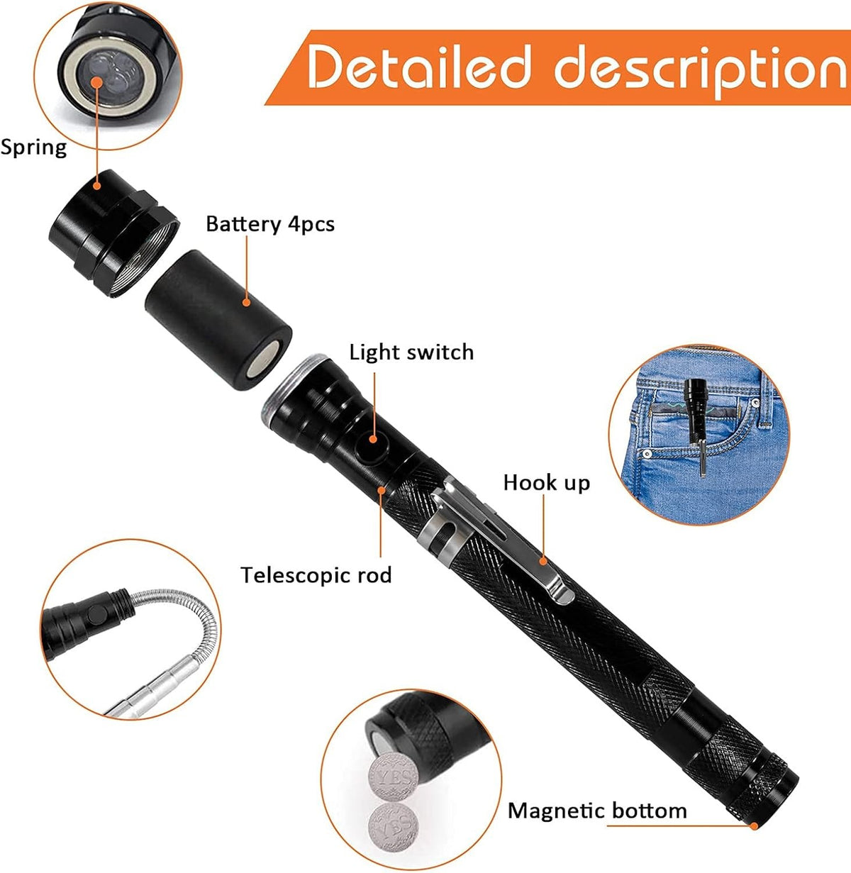 Magnetic Flashlight Pickup Tool Extendable Magnet with LED Light - Telescoping Gadget for Men