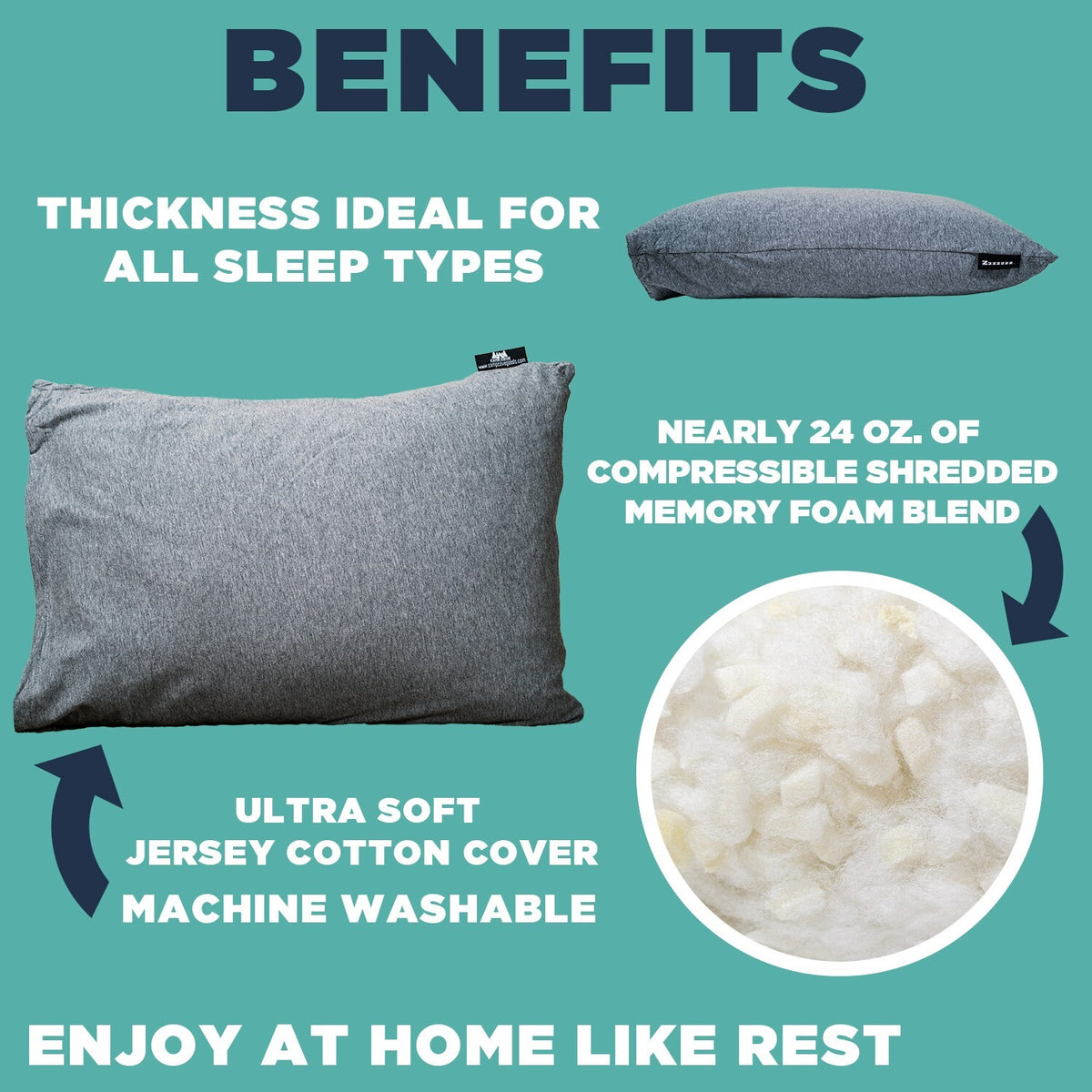 Camping Pillow with Jersey Cotton & Shredded Memory Foam - 15x21 Compressible