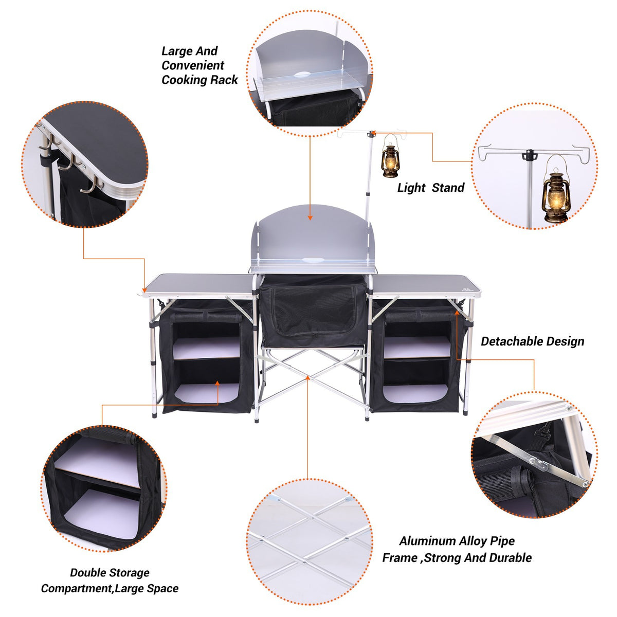 Folding Camping Kitchen Table with Windshield Light Stand & Organizers