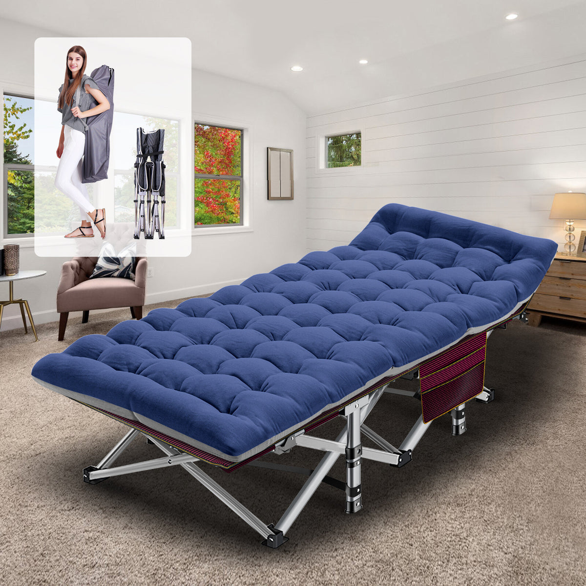 Heavy Duty Folding Camping Cot for Adults with Cotton Mat - Wide Sleep Bed