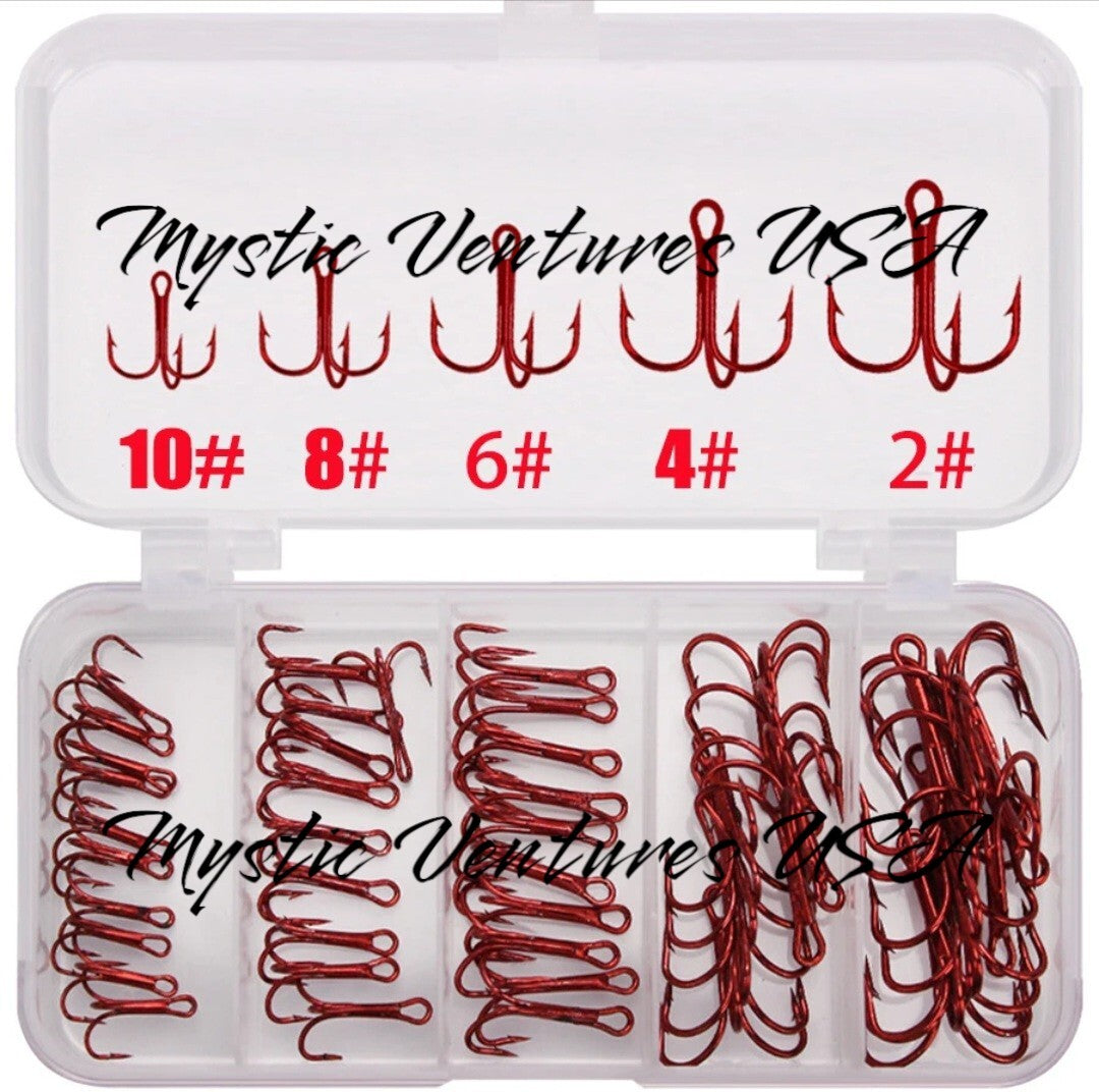 50 Pcs Red Treble Fishing Hooks Carbon Steel Bait Hooks for Freshwater & Saltwater
