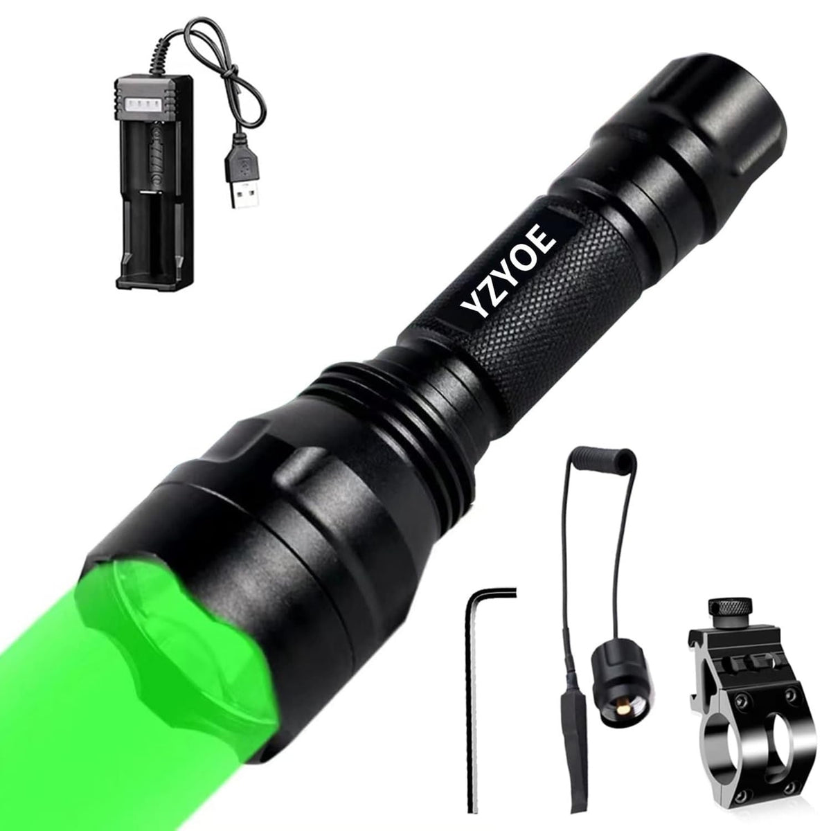 Rechargeable Green Tactical Flashlight with 500 Yards Range & Mount