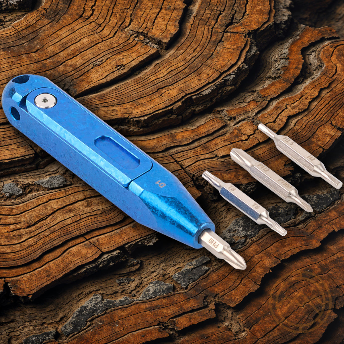 Titanium Snowflake Blue Handle Knife with Hidden Bit Storage