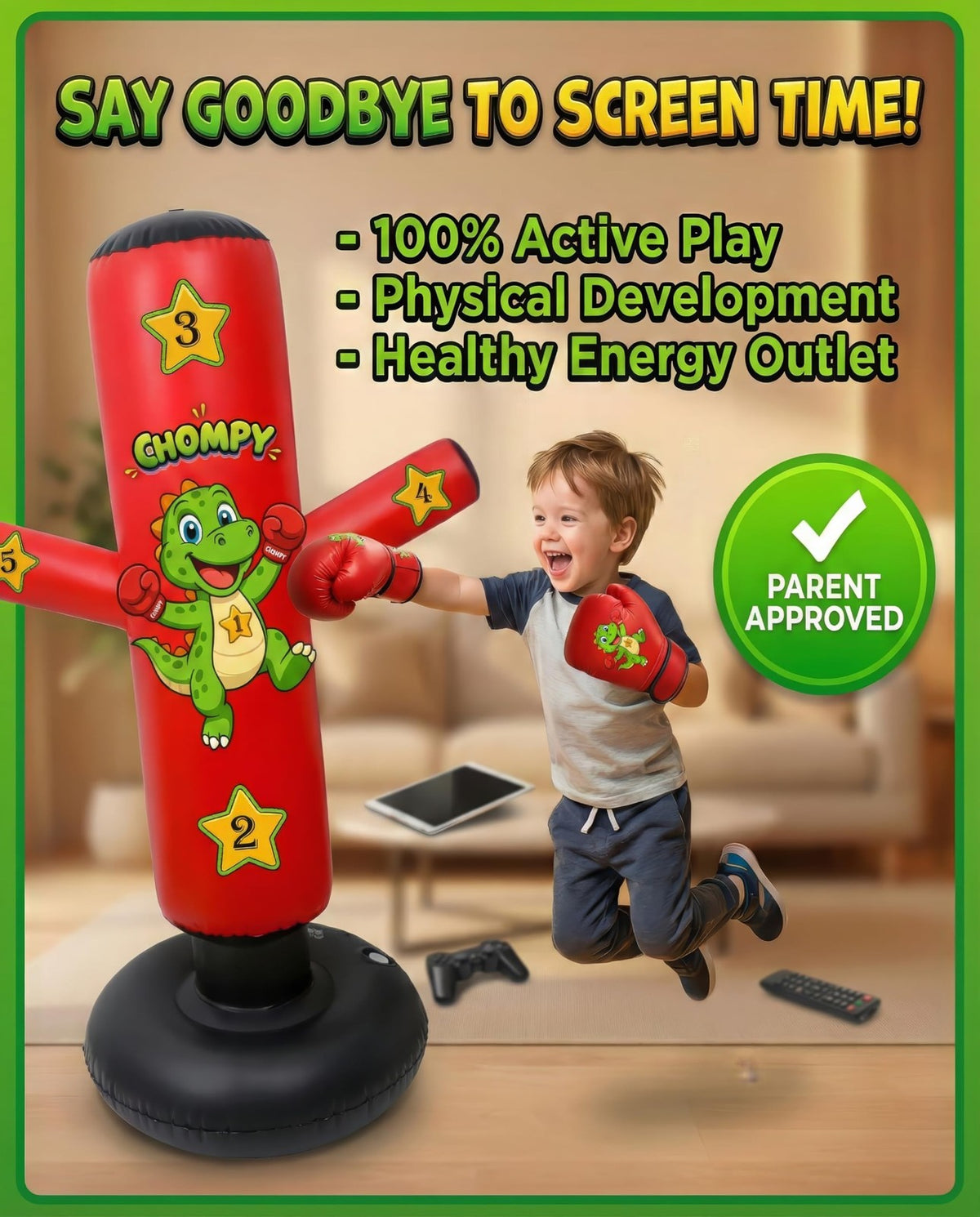 Kids Punching Bag 48 Inch Dino Dinosaur with Gloves for Martial Arts Play