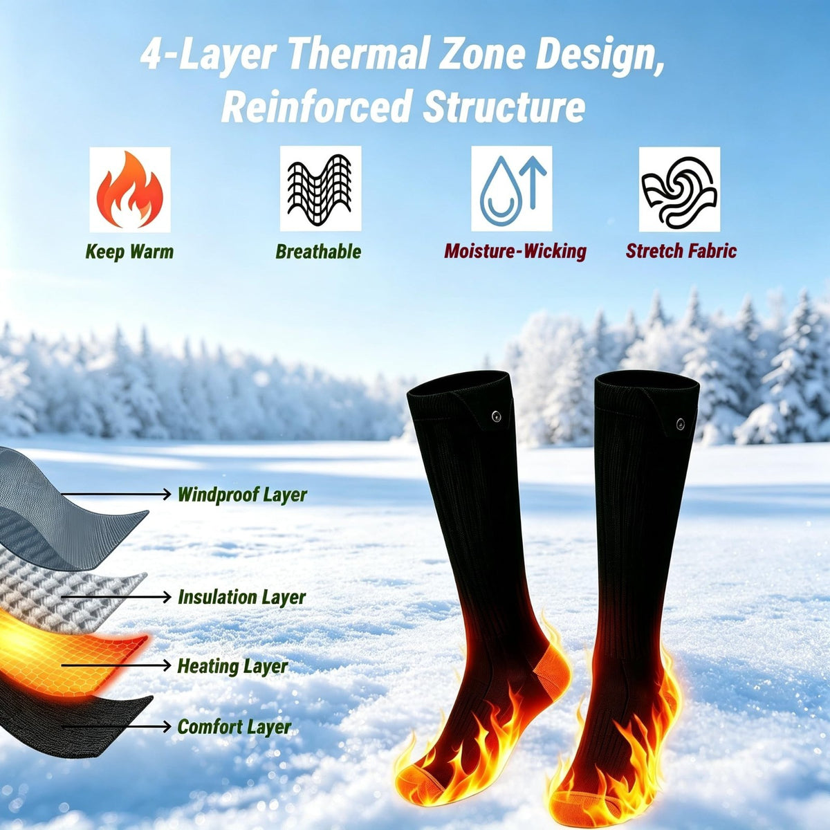 Rechargeable Heated Socks for Men & Women, 4 Heat Settings, Warm Feet