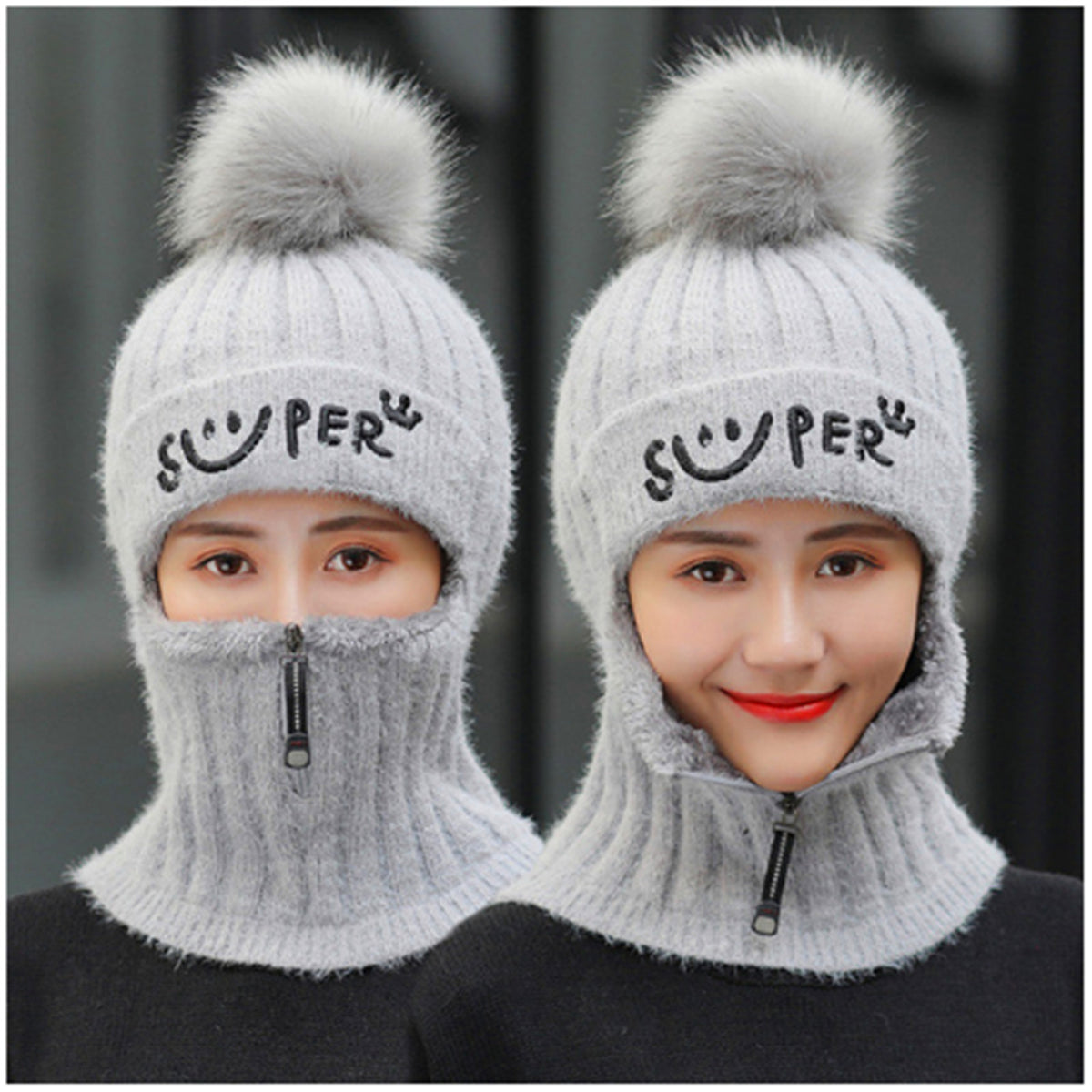 Double-Layer Fleece Winter Hat Beanie with Face and Neck Cover - Multiple Colors