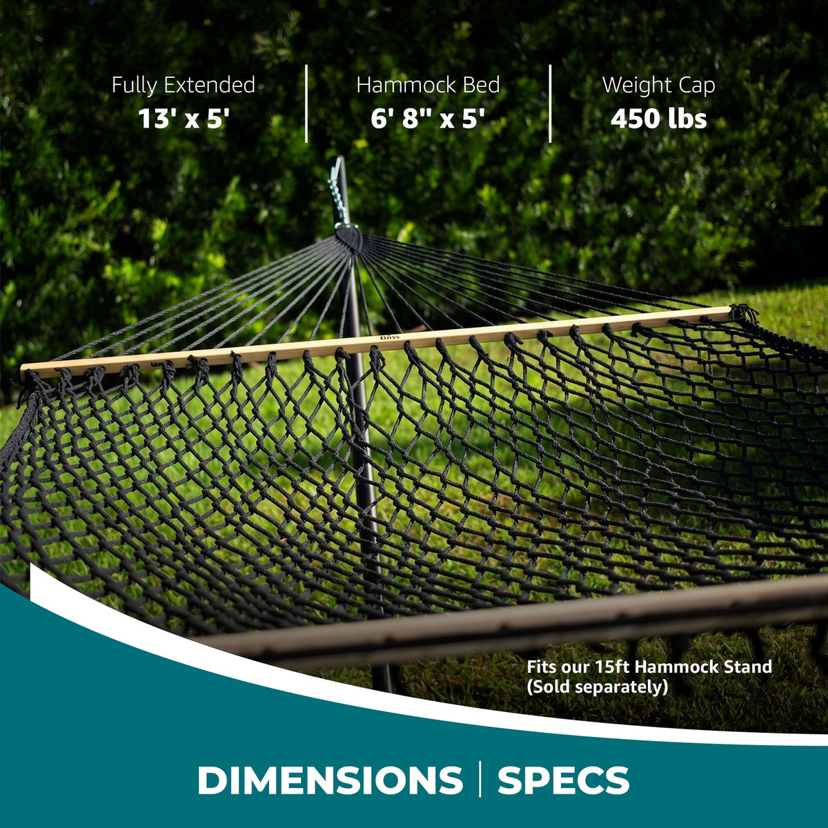 2-Person Cotton Rope Hammock with Spreaders - Black, 80x60 Inches