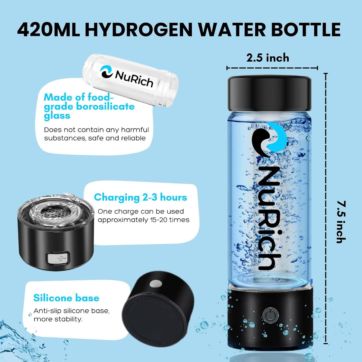 Hydrogen Water Bottle 420ml Portable Ionizer with SPE/PEM Technology